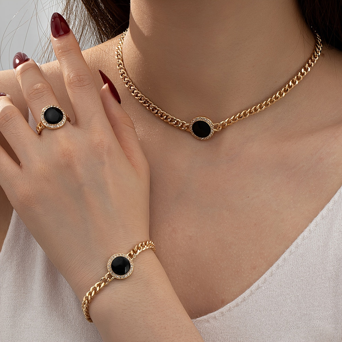 Minimalist and Elegant Three Piece Jewelry Set for Women With Black Pendant