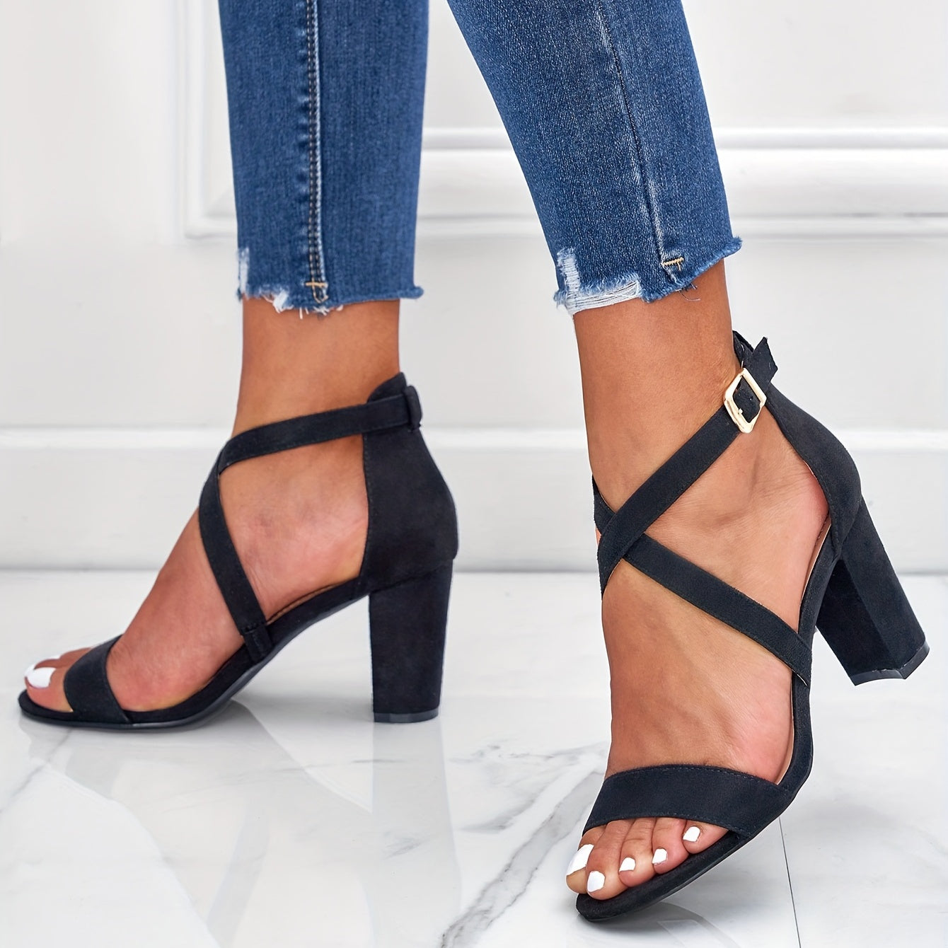 Cross Strap Block Heel Sandals Open Toe Buckle High Heels