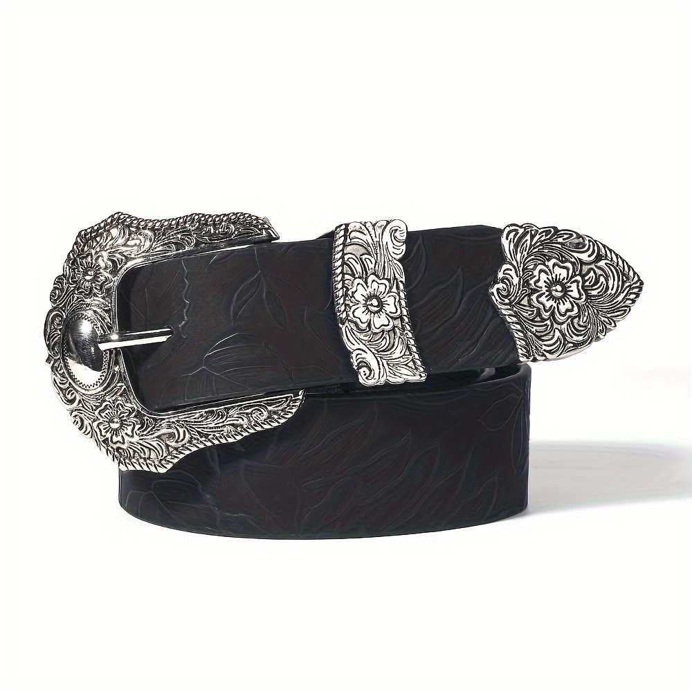Rugged Western Cowboy Belt With Distinctive Large Square Flower Buckle