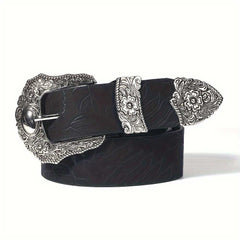 Rugged Western Cowboy Belt With Distinctive Large Square Flower Buckle