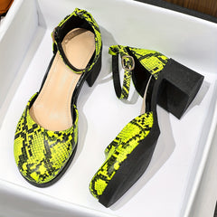 Snakeskin Chunky Heels Buckle Strap High Heels Dress Pumps