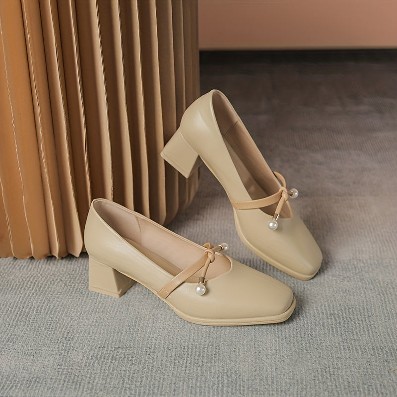 Faux Pearl Chunky Heel Pumps, All Match Dress Shoes