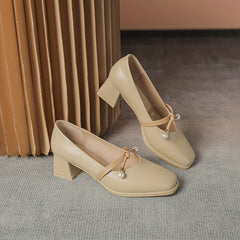 Faux Pearl Chunky Heel Pumps, All Match Dress Shoes