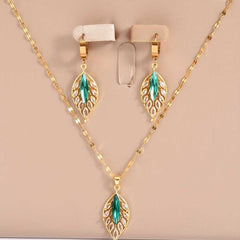 Gold Plated Green Inlaid Rhinestone Leaf Earrings and Necklace Set