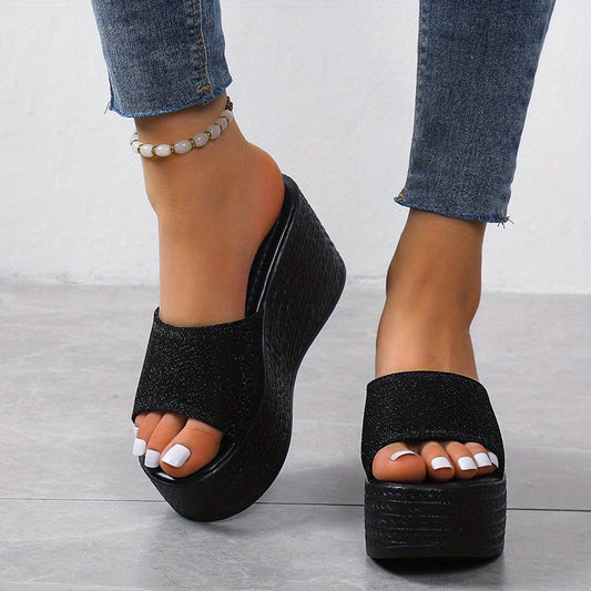Women's Glitter Wedge Heel Slippers Open Toe High Heel Slides