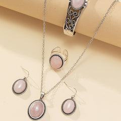 Boho Style Silver Plated Jewelry Set with Necklace, Earrings, Bangle, and Ring Inlaid with Pink Natural Stone