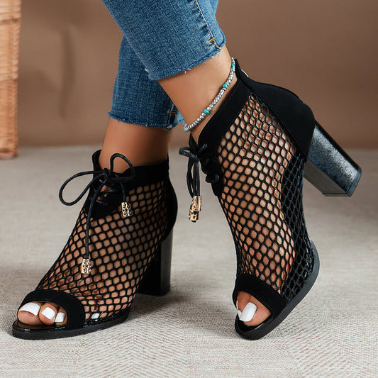 Leopard Print Mesh High Heels Lace Up Sandals