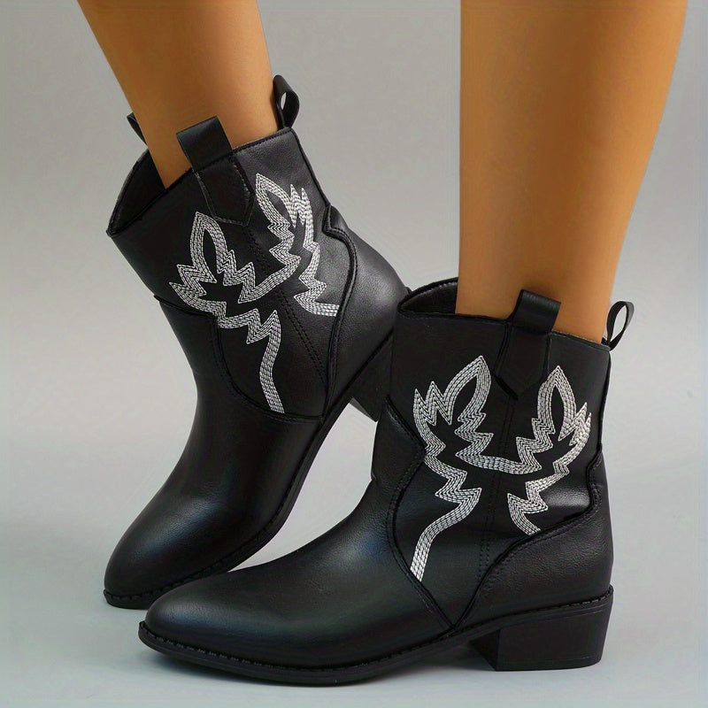 Women's Embroidered Chunky Heeled Ankle Boots