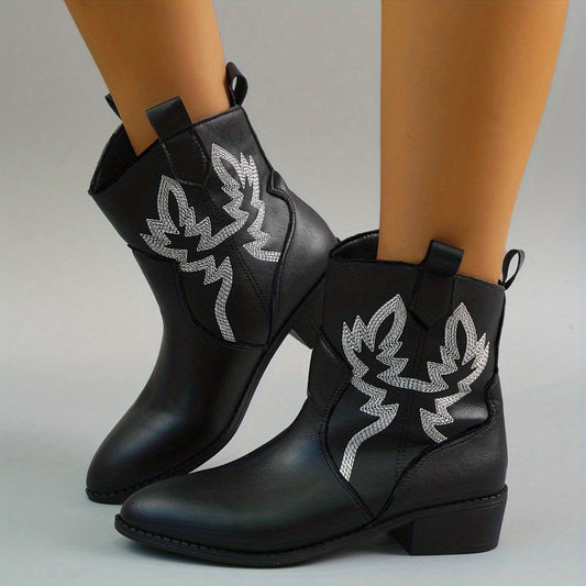Women's Embroidered Chunky Heeled Ankle Boots