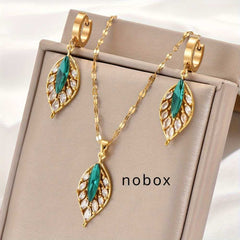 Gold Plated Green Inlaid Rhinestone Leaf Earrings and Necklace Set