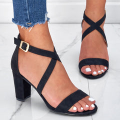 Cross Strap Block Heel Sandals Open Toe Buckle High Heels