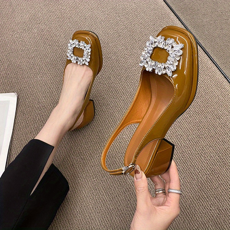 Women's Chunky Heel Sandals with Rhinestone Decor