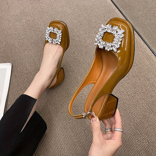 Women's Chunky Heel Sandals with Rhinestone Decor