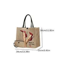 2pcs High Heels Pattern Canvas Tote Bag with Wristlet