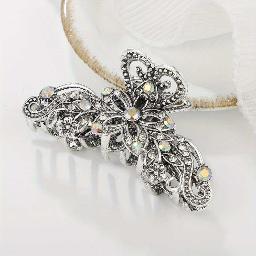 Vintage Silvery Claw Clip With Rhinestones Nonslip Jaw Design For Women