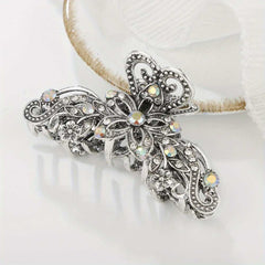Vintage Silvery Claw Clip With Rhinestones Nonslip Jaw Design For Women