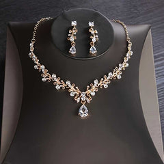 Gold Plated Floral Necklace and Earrings Set with Cubic Zirconia Accents