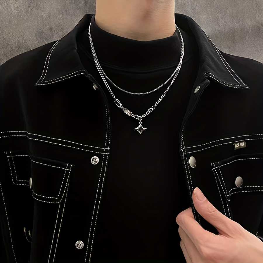 Men's Silver Plated Zirconia Baguette Double Layered Star Pendant Necklace