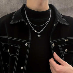 Men's Silver Plated Zirconia Baguette Double Layered Star Pendant Necklace