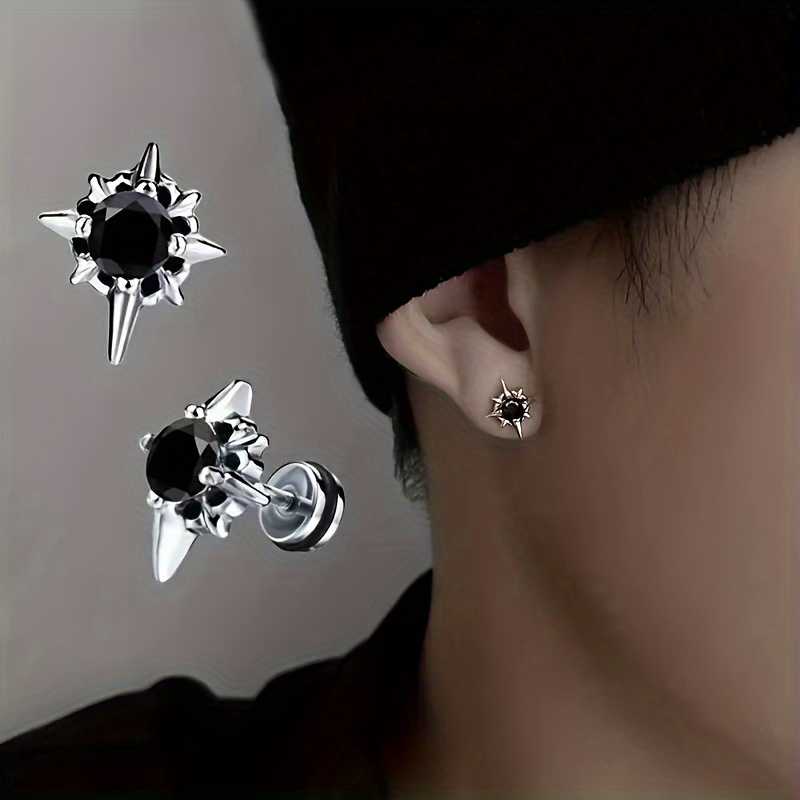 Men's Silver Plated Black Zirconia Star Cross Stud Earrings