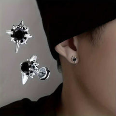 Men's Silver Plated Black Zirconia Star Cross Stud Earrings