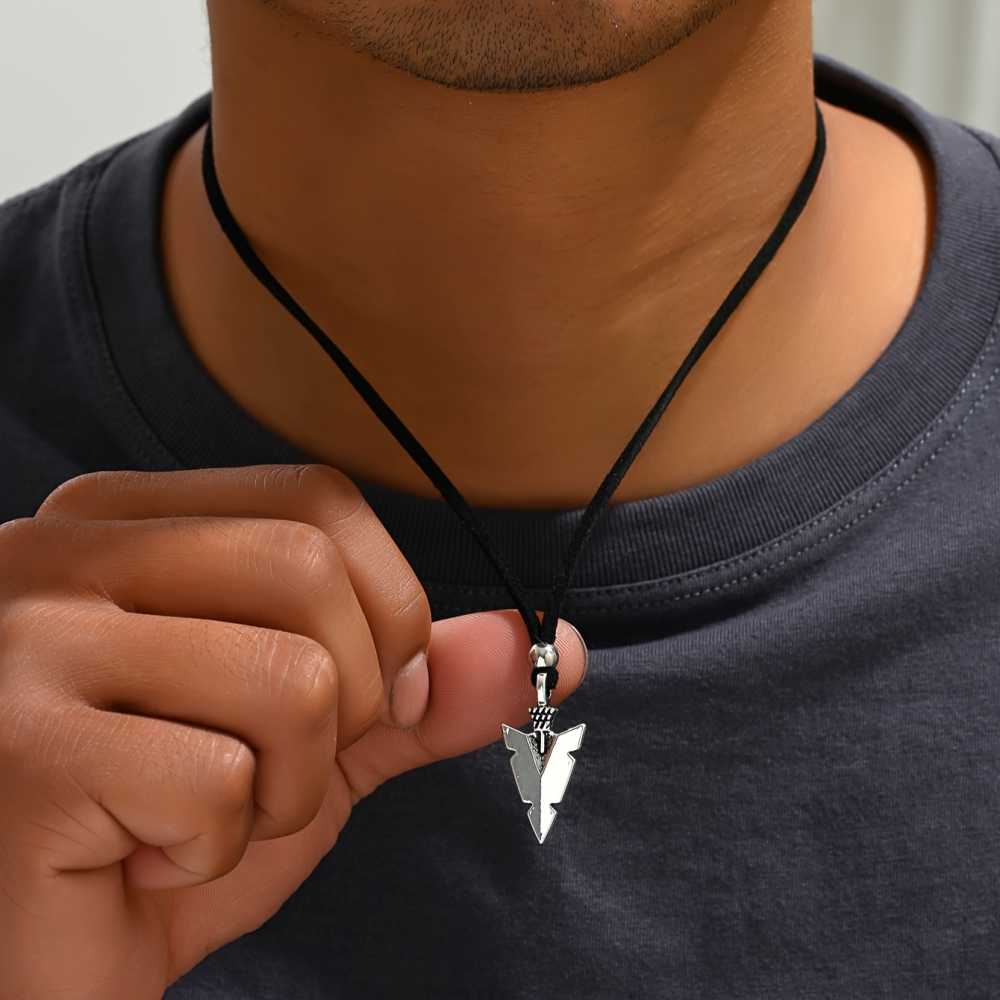 Men's Silver Triangle Arrow Pendant with Black Rope Necklace