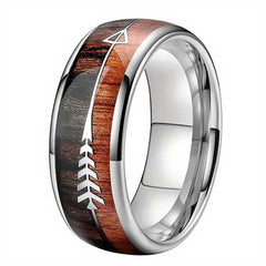 Men's Stainless Steel Arrow Ring with Elegant Wood Inlay