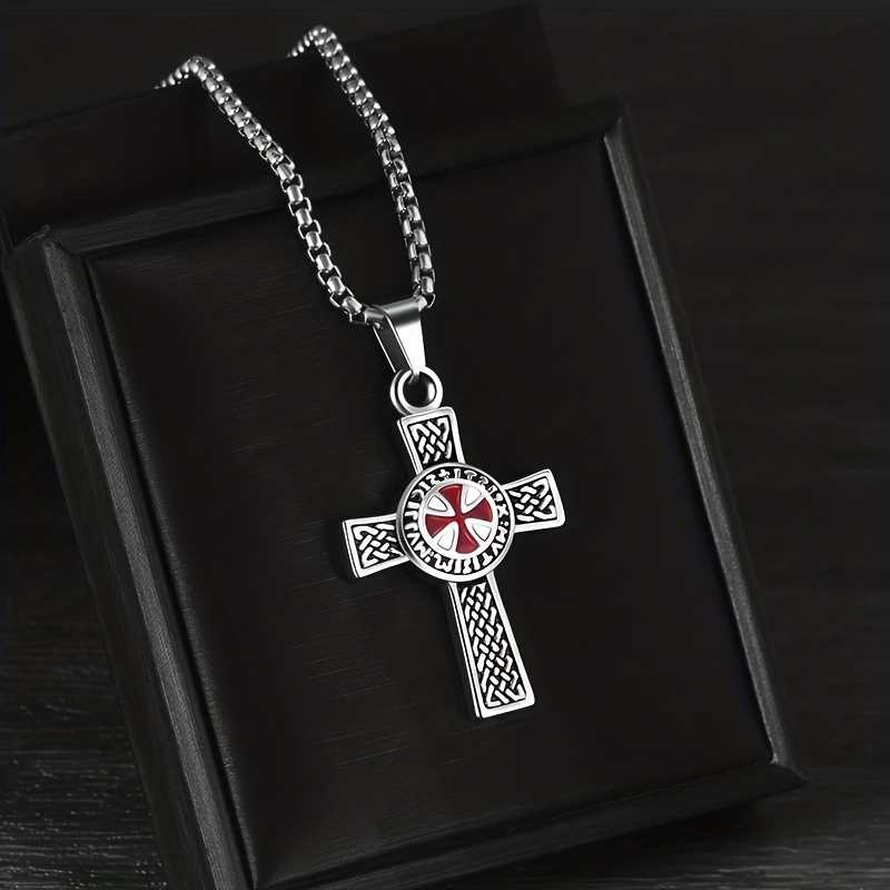 Men's Silver Plated Templar Cross Pendant Chain Necklace with Lobster Clasp