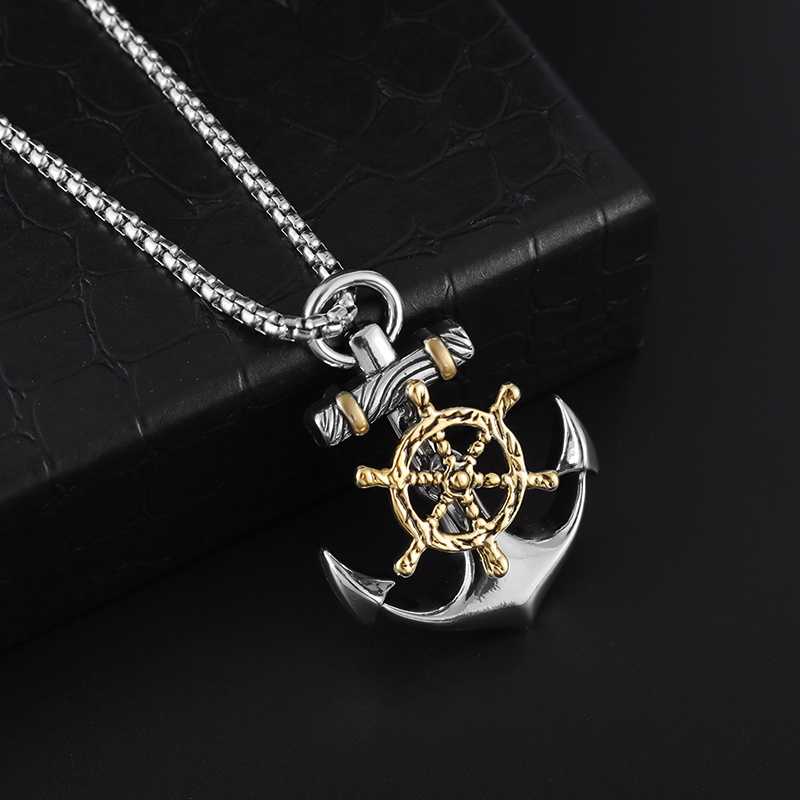 Men's Silver Plated Rudder Anchor Pendant Necklace with Lobster clasp