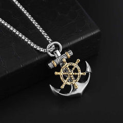 Men's Silver Plated Rudder Anchor Pendant Necklace with Lobster clasp