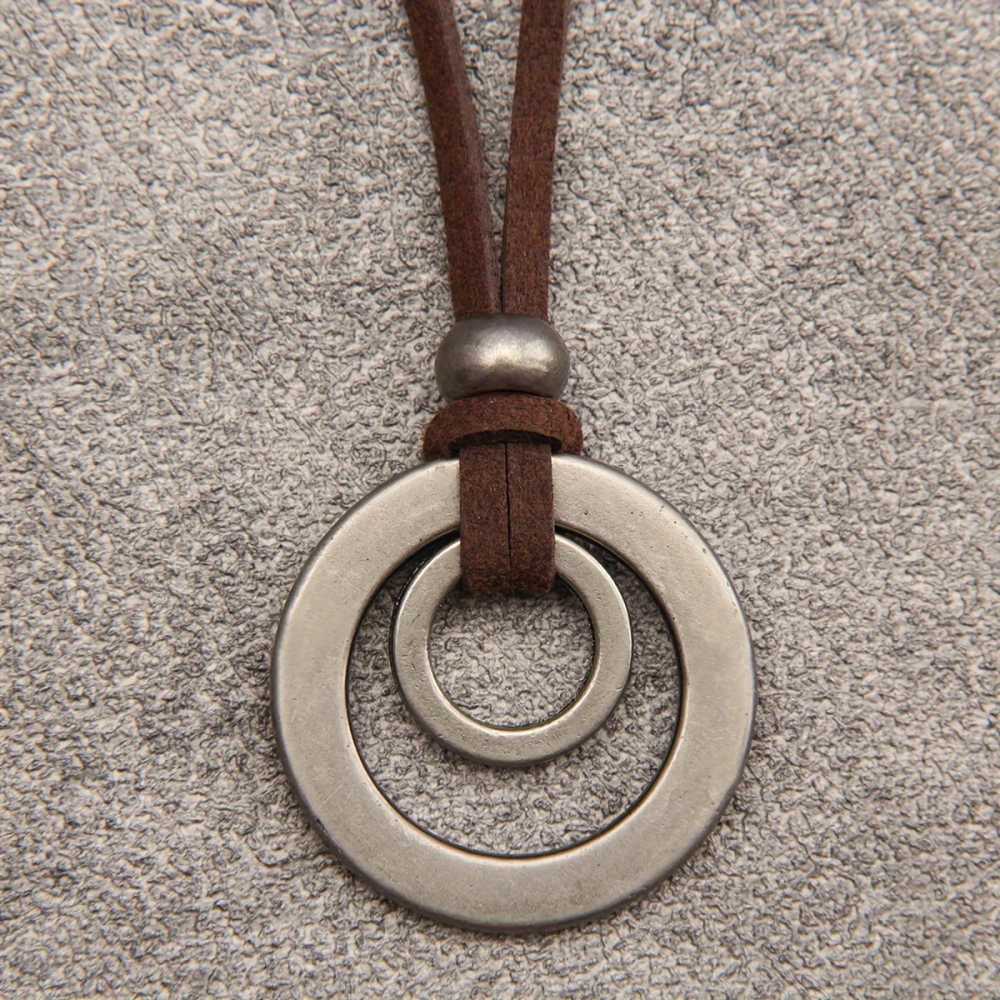 Men's Double Circle Ring Pendant Necklace with Faux Leather Cord