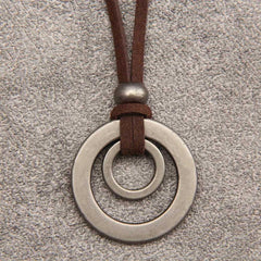 Men's Double Circle Ring Pendant Necklace with Faux Leather Cord