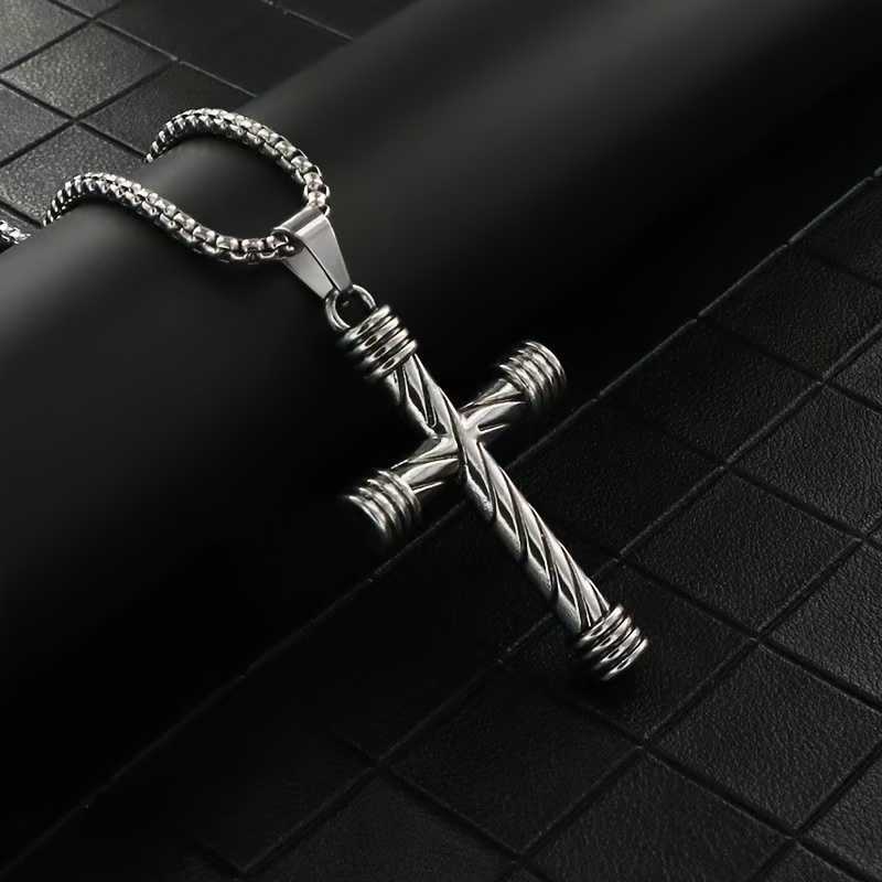 Men's Silver Plated Cross Pendant Necklace With Round Box Chain