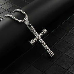 Men's Silver Plated Cross Pendant Necklace With Round Box Chain