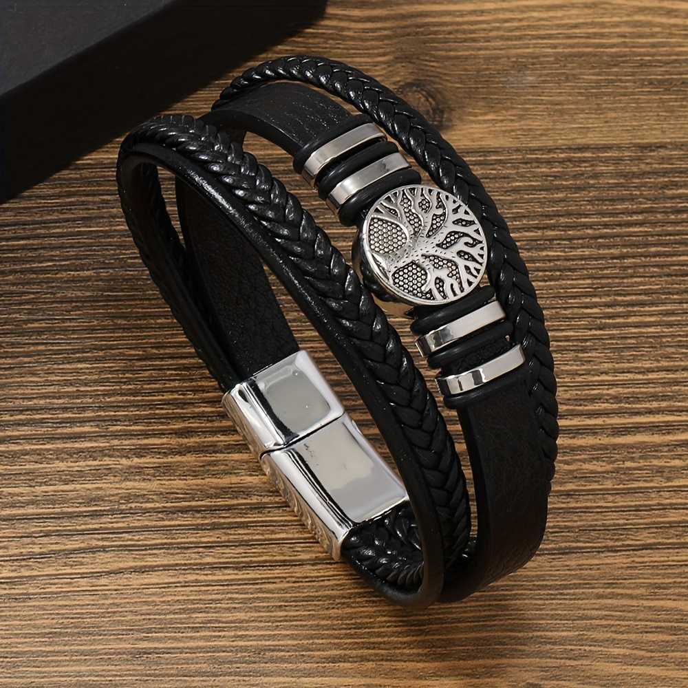 Men's Silver Plated Multi Layered Braided Magnetic Buckle Bracelet