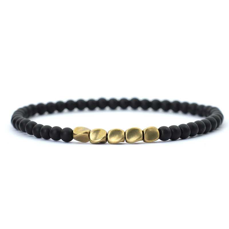 Men's Stylish Stretchable Gold Plated And Black Beaded Bracelet