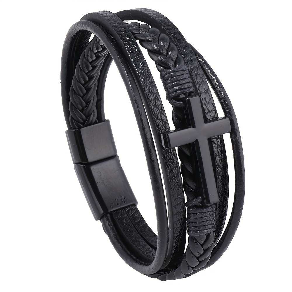 Men's Cross Design Multi Layer Black Leather And Steel Magnetic Bracelet