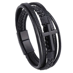 Men's Cross Design Multi Layer Black Leather And Steel Magnetic Bracelet