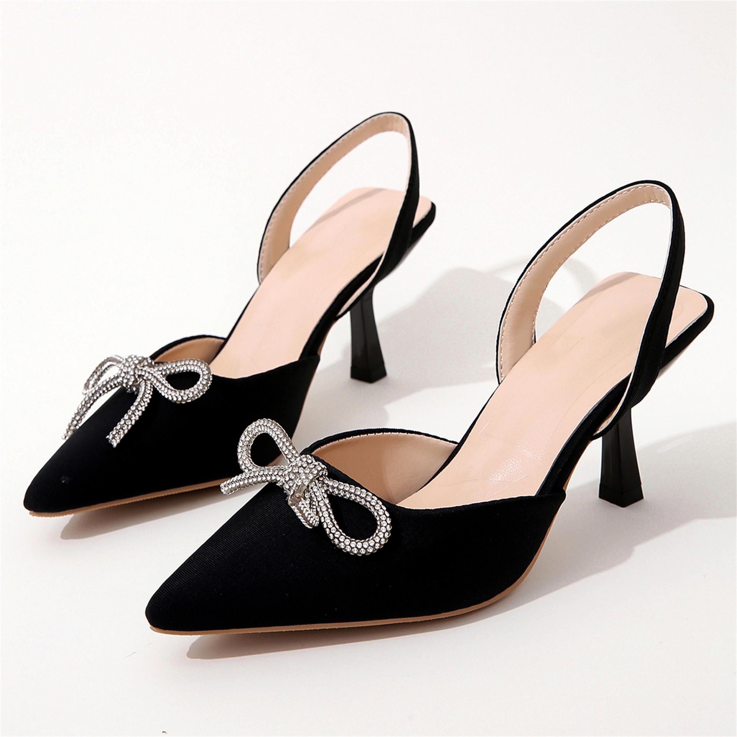 Rhinestone Bow Stiletto Sandals Satin Slingback High Heels
