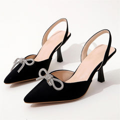 Rhinestone Bow Stiletto Sandals Satin Slingback High Heels