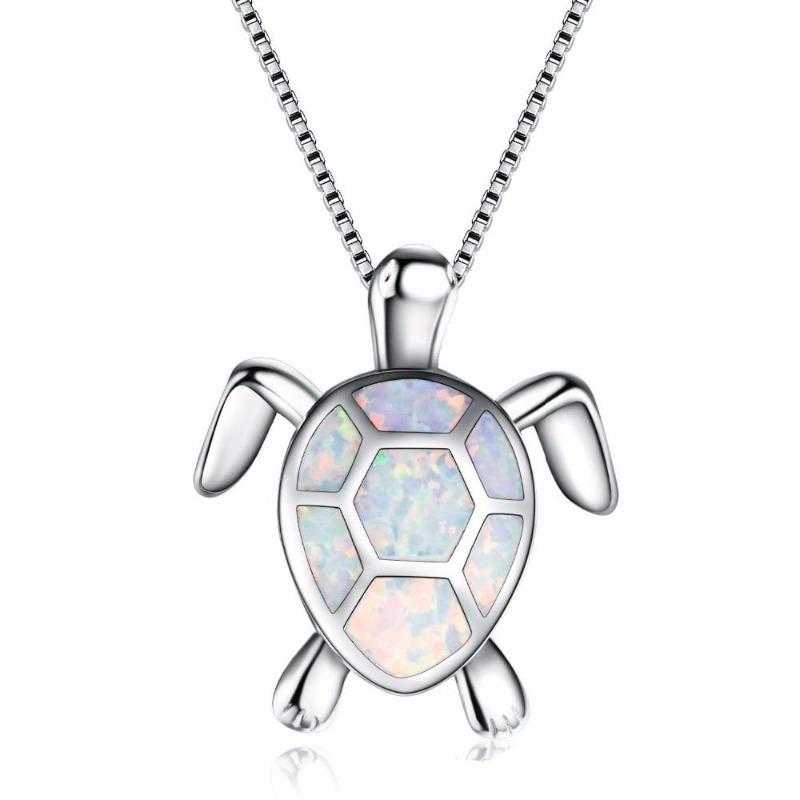Women's Silver Plated Opal Turtle Jewelry Set With Box Chain