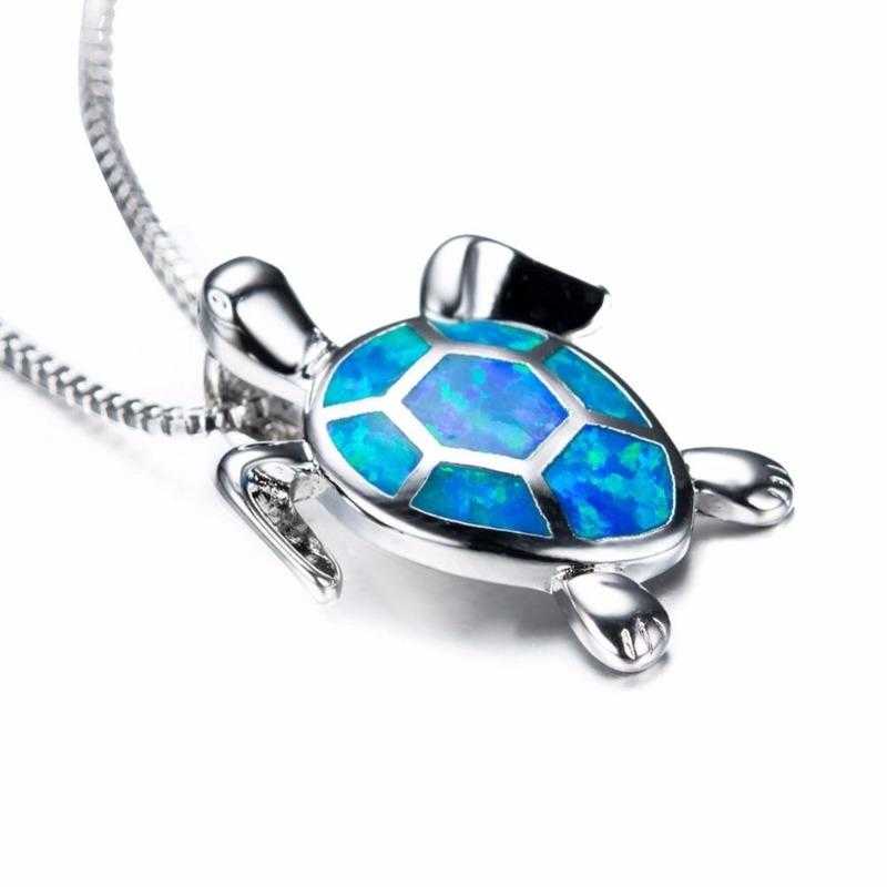 Women's Silver Plated Opal Turtle Jewelry Set With Box Chain