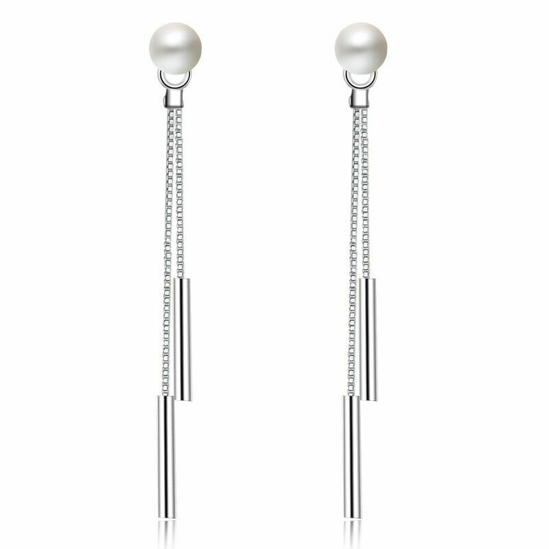 Women's Silver Plated Pearl Stud Tassel Drop Earrings