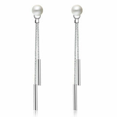 Women's Silver Plated Pearl Stud Tassel Drop Earrings