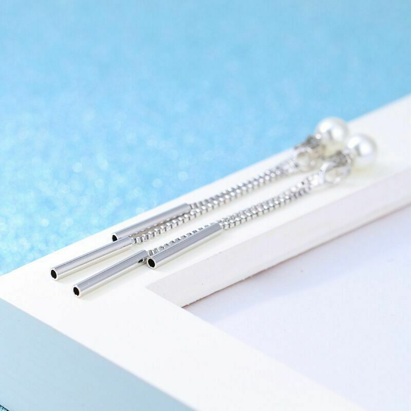 Women's Silver Plated Pearl Stud Tassel Drop Earrings