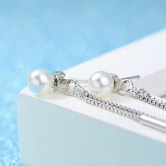 Women's Silver Plated Pearl Stud Tassel Drop Earrings