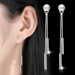 Women's Silver Plated Pearl Stud Tassel Drop Earrings
